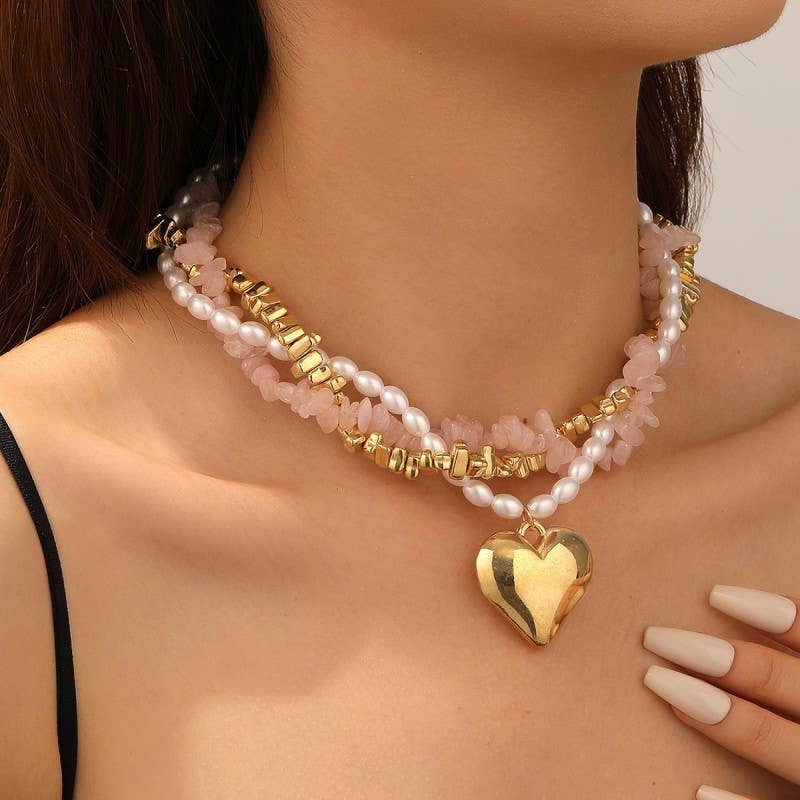 NATURAL STONE PEARL BEADED HEART NECKLACE