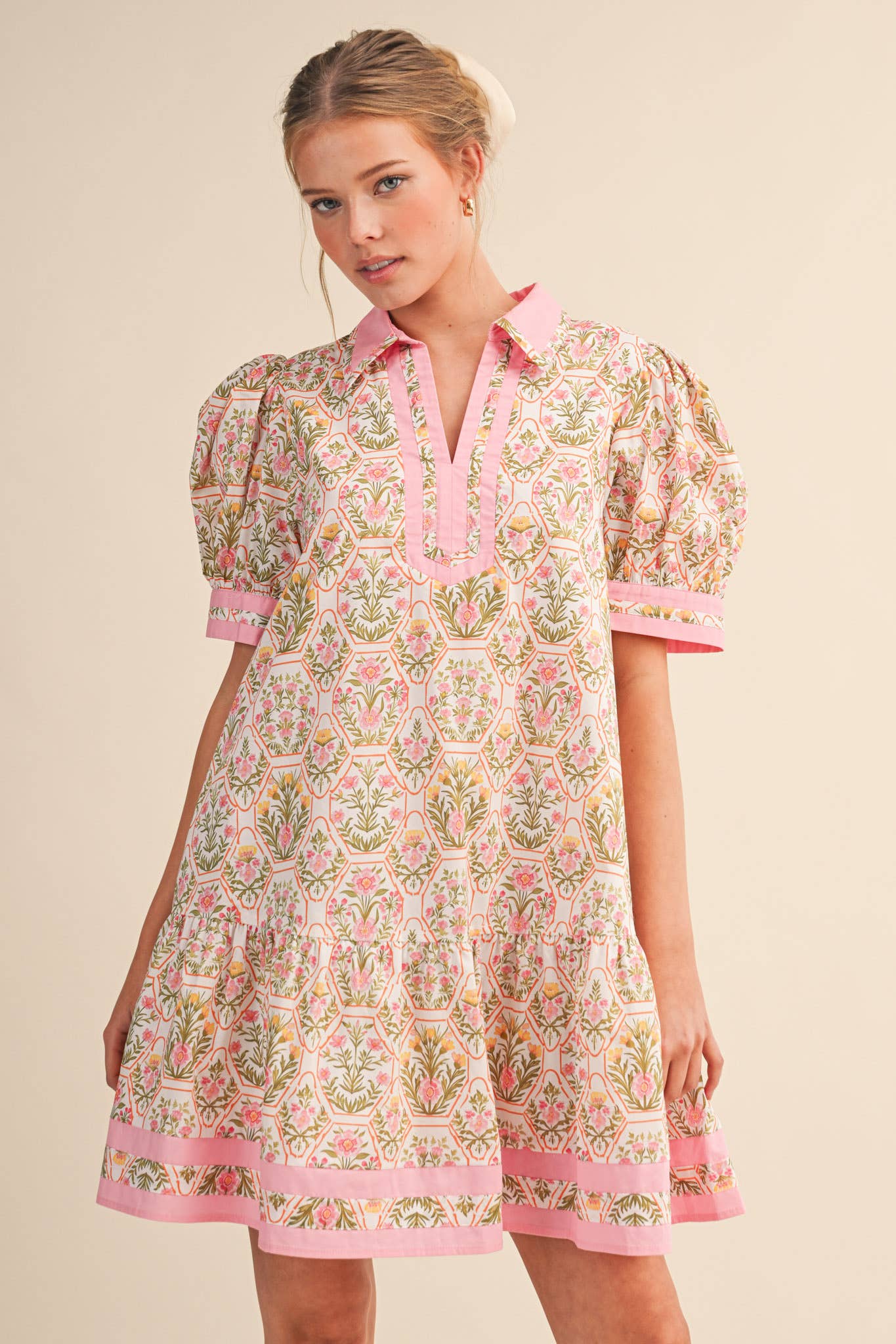 FLORAL PUFF SLEEVE DROP WAIST MINI DRESS