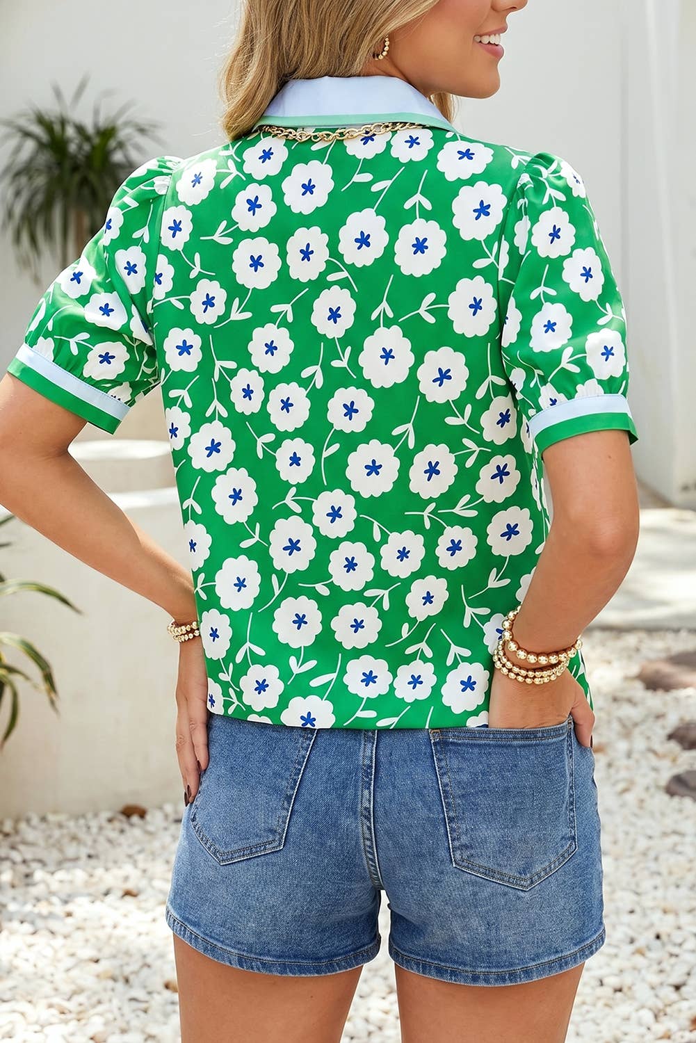 Flower Contrast Patchwork Collar Short Sleeve Blouse