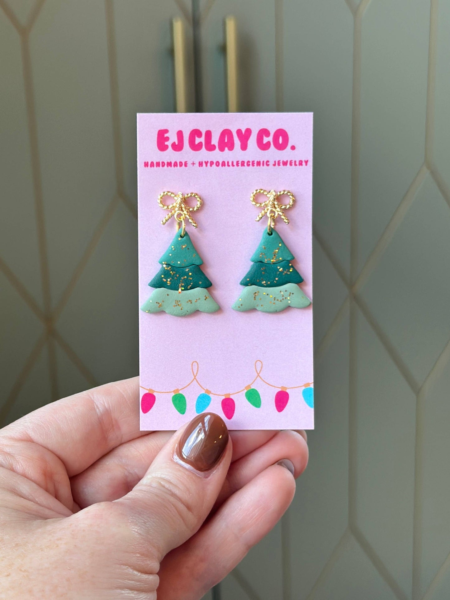 Green Ombre Tree Bow Clay Dangles - 18k