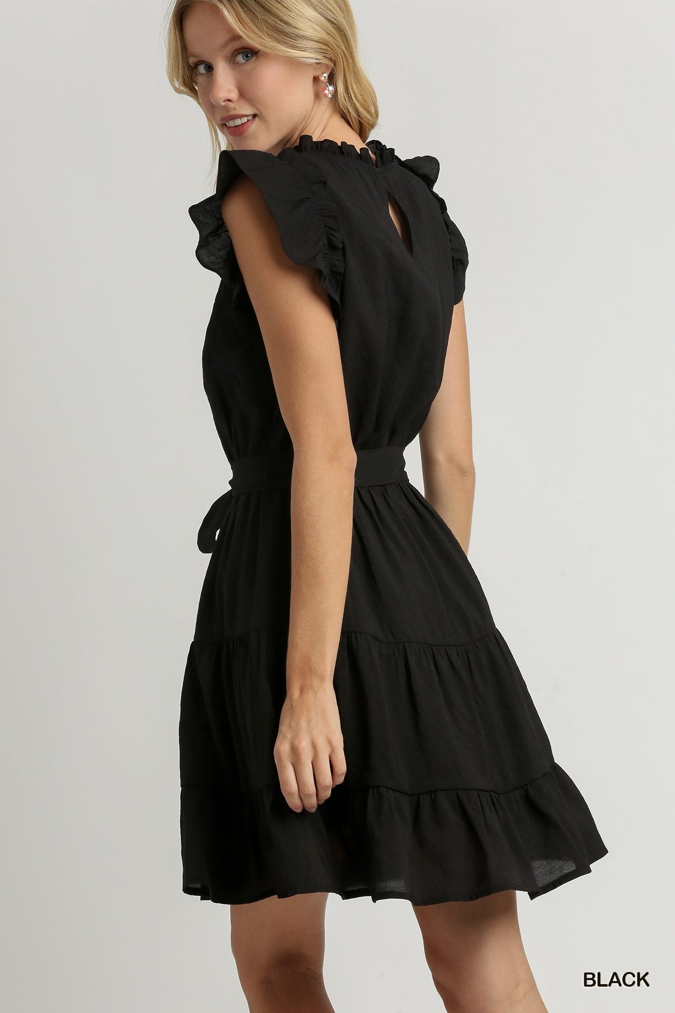 Modal Tiered Dress with Ruffle Sleeves and Belt Tie