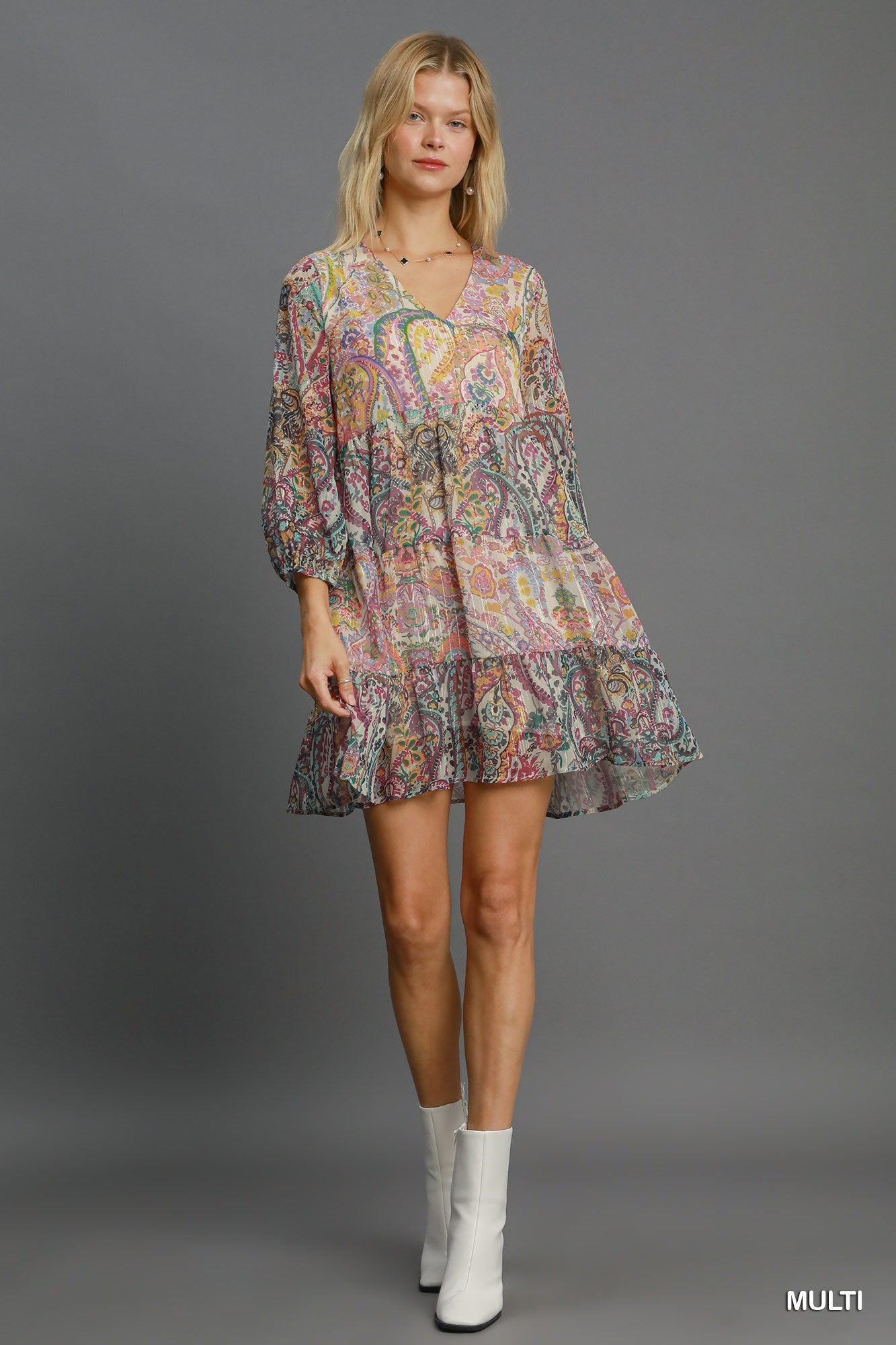 Mixed Paisley Print Metallic Dress