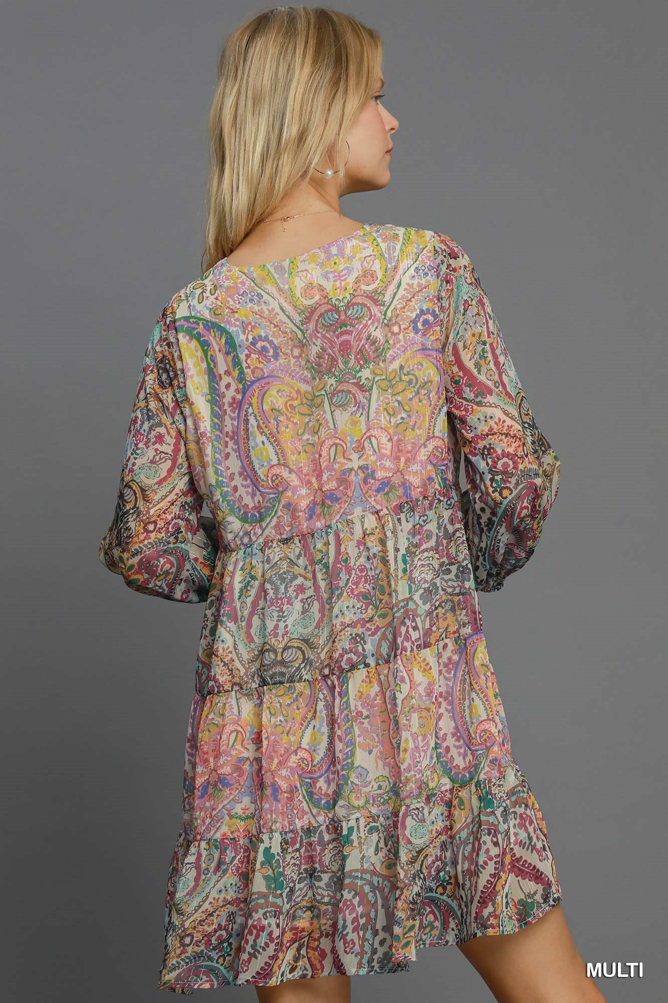 Mixed Paisley Print Metallic Dress