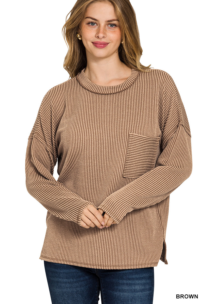 Corded rib long sleeve drop shoulder top with pocket