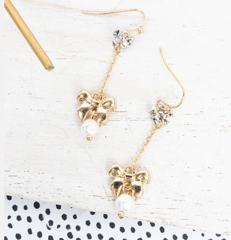Crystal Avenue Coquette Girly Pearl and Two Tone Bow Drop Earrings
