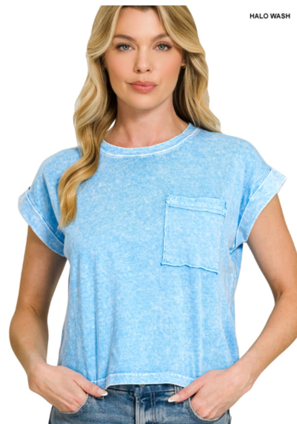 Halo snow washed cotton cuffed short sleeve top