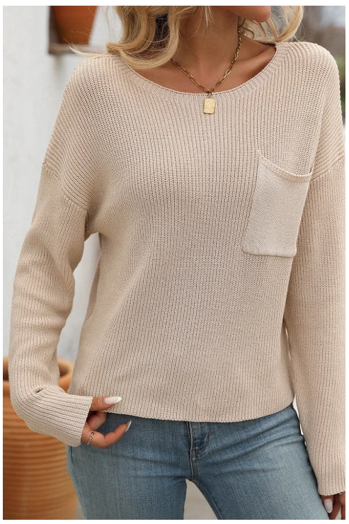 Apricot Solid Color Drop Shoulder Chest Pocket Sweater