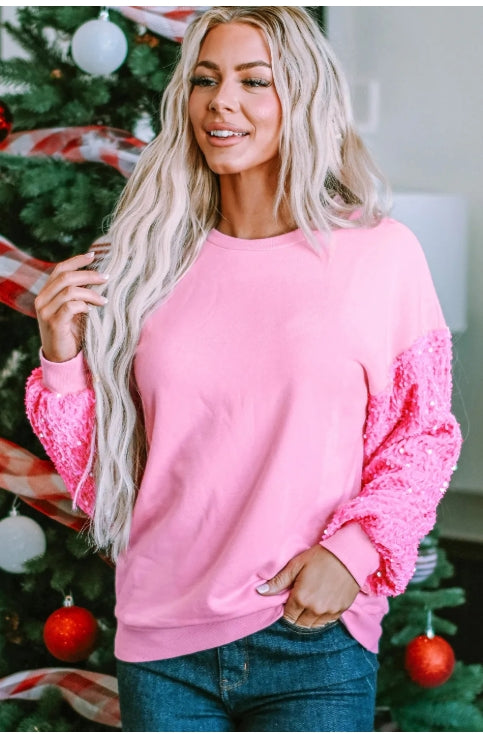 Pink Sequin Sleeve Patchwork Long Sleeve Pullover Top