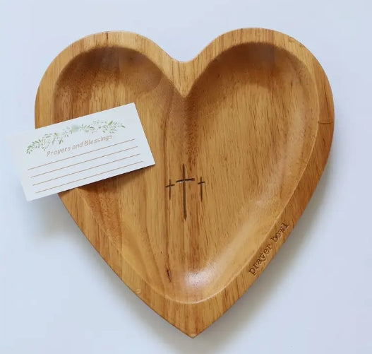 Handcrafted Wooden Heart-Shaped Prayer Bowl with Engraved Cross and "Prayer" Cards