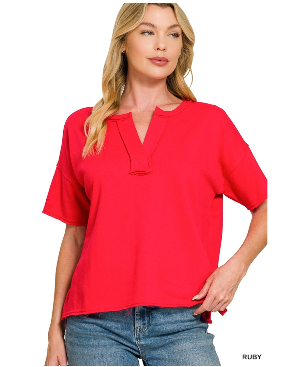 French Terry Split Neck Exposed Seam Top