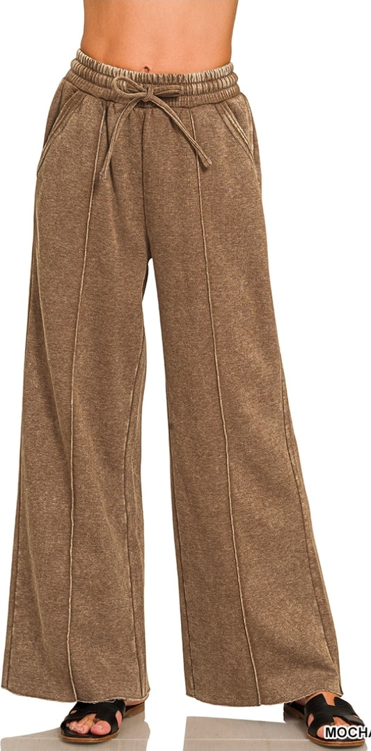 Acid washed fleece pintuck wide leg pants
