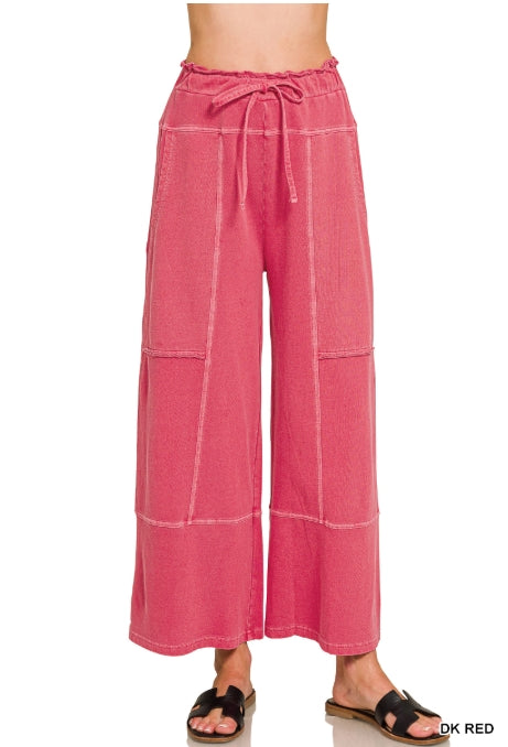 French Terry Washed Exposed-Seam Wide Leg Pants