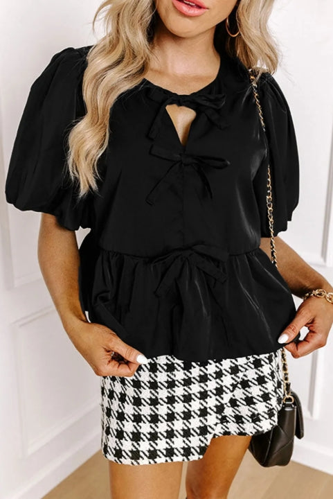 Black Puff Sleeve Bowknot Front Peplum Blouse