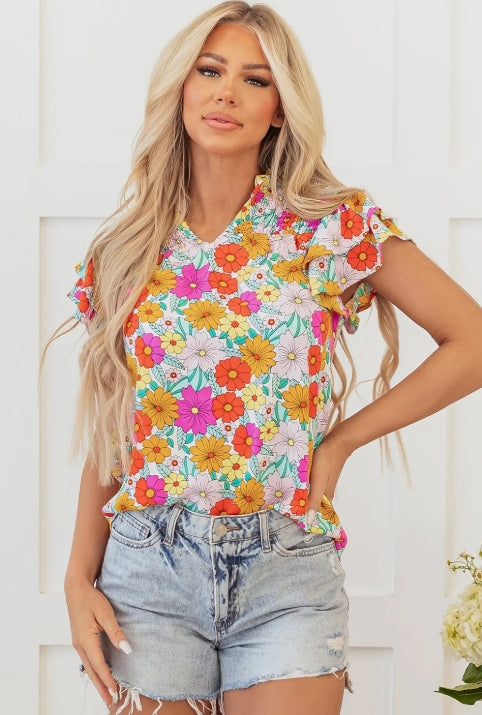Yellow Floral Print Shirred Tiered Ruffled Sleeve Blouse