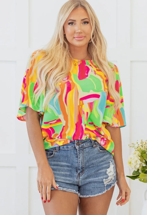 Multicolour Abstract Print Keyhole Back Pleated Half Sleeve Blouse