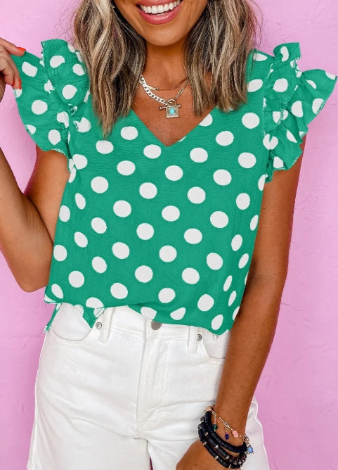 Green Polka Dot Print Ruffled Sleeve V Neck Blouse