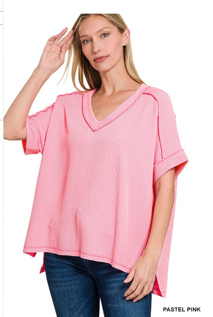 Corded Rib Short Sleeve Hi-low V Neck Top