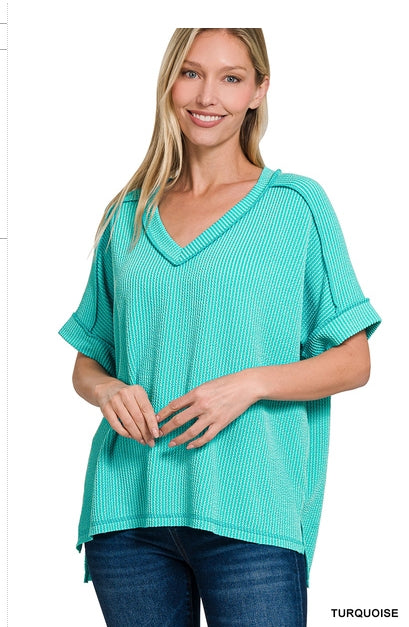 Corded Rib Short Sleeve Hi-low V Neck Top