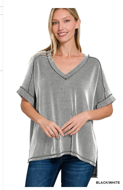 Corded Rib Short Sleeve Hi-low V Neck Top