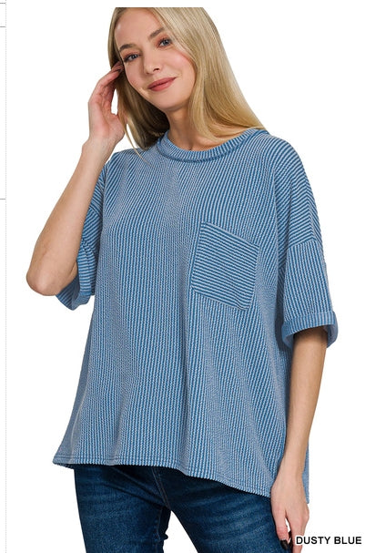 Corded Rib Short Sleeve Front Pocket Top