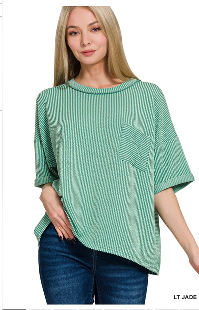 Corded Rib Short Sleeve Front Pocket Top