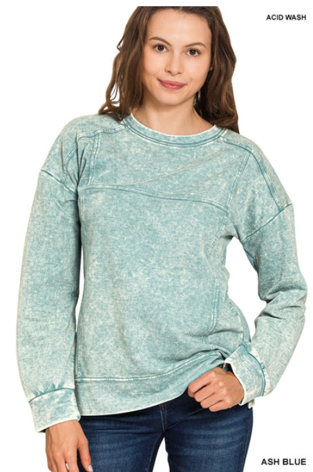 Acid wash f/terry exposed-seam pullover