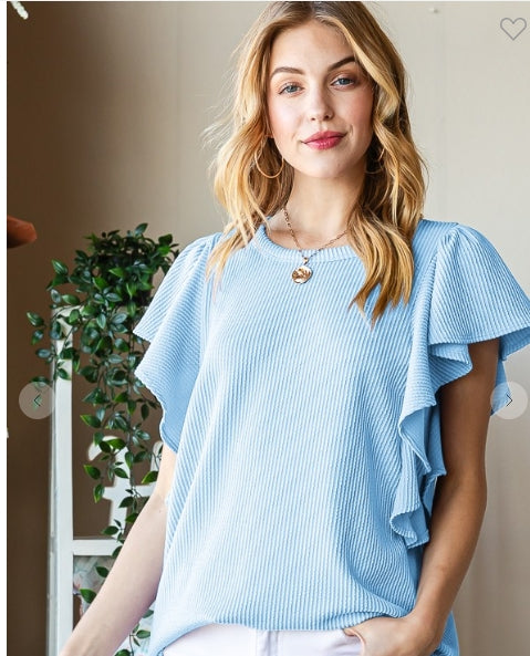 Ruffled Sleeve Ribbed Top