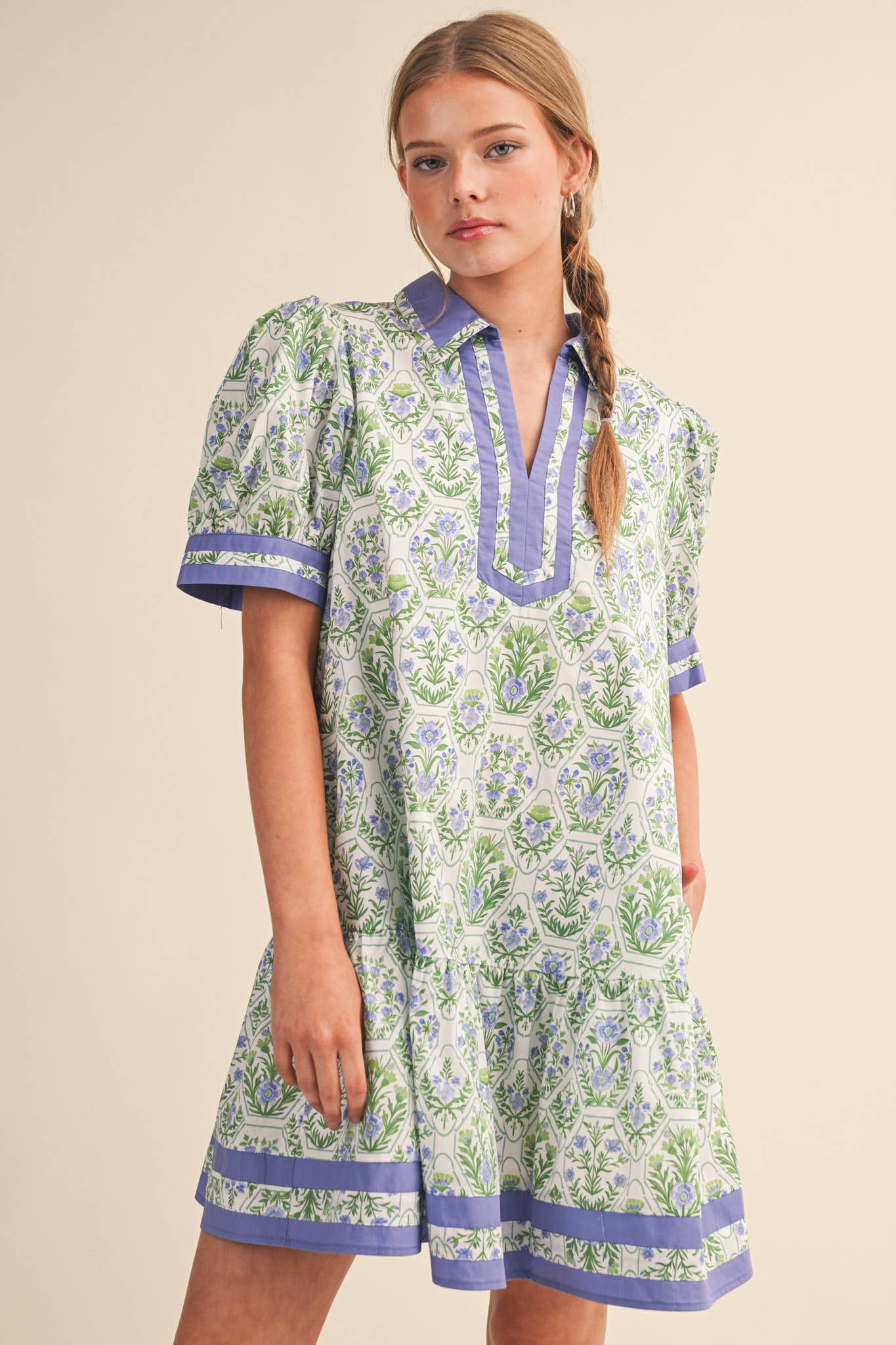 FLORAL PUFF SLEEVE DROP WAIST MINI DRESS