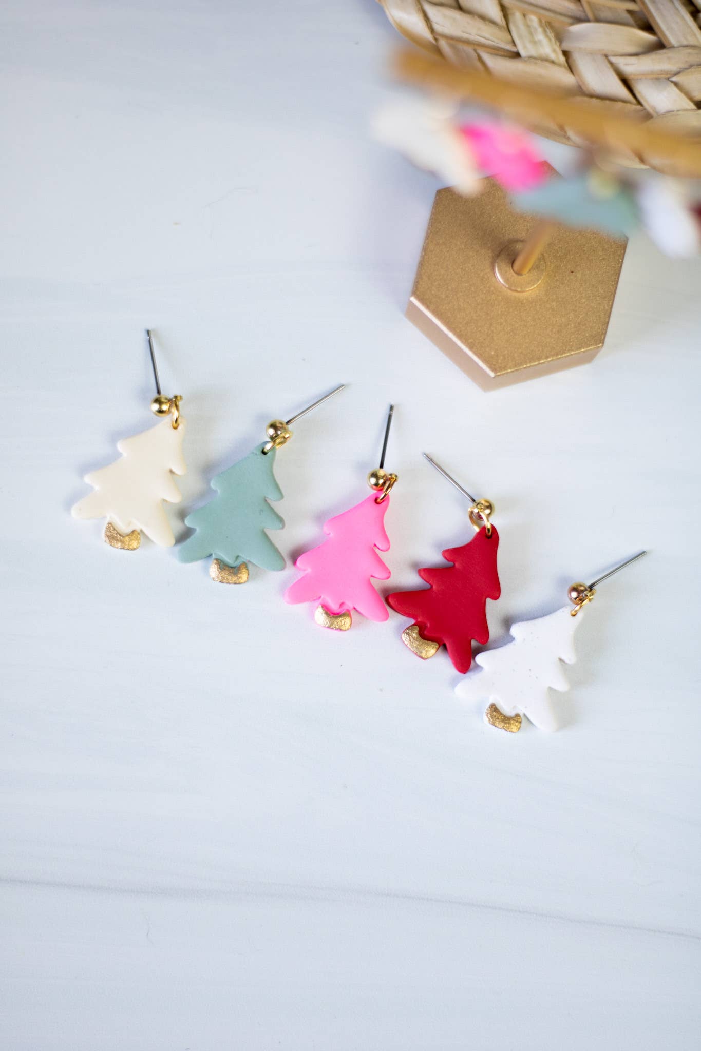 Gold Painted Tree Clay Dangle Earrings