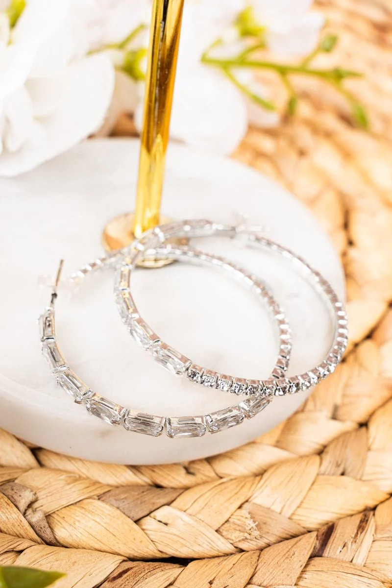Glamour Ready Silvertone Crystal Hoop Earrings