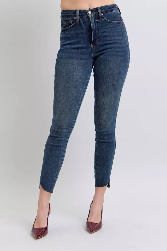 Judy Blue Dark Wash Tummy Control High Waist Fray Hem Skinny Jeans