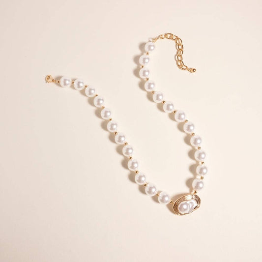 17 Inch Round Pearl Beaded Natural Metal Necklace