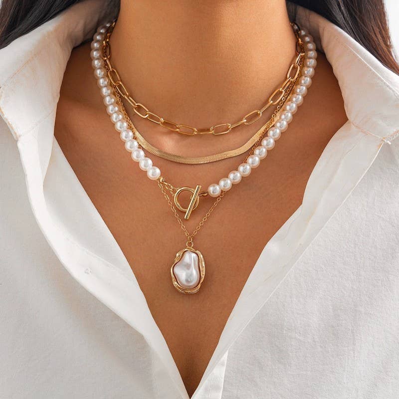 PEARL CHARM MULTILAYER PEARL GOLD MIX NECKLACE