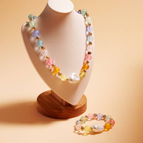 Faux Seaglass And Glass Pearl Bead Short Necklace