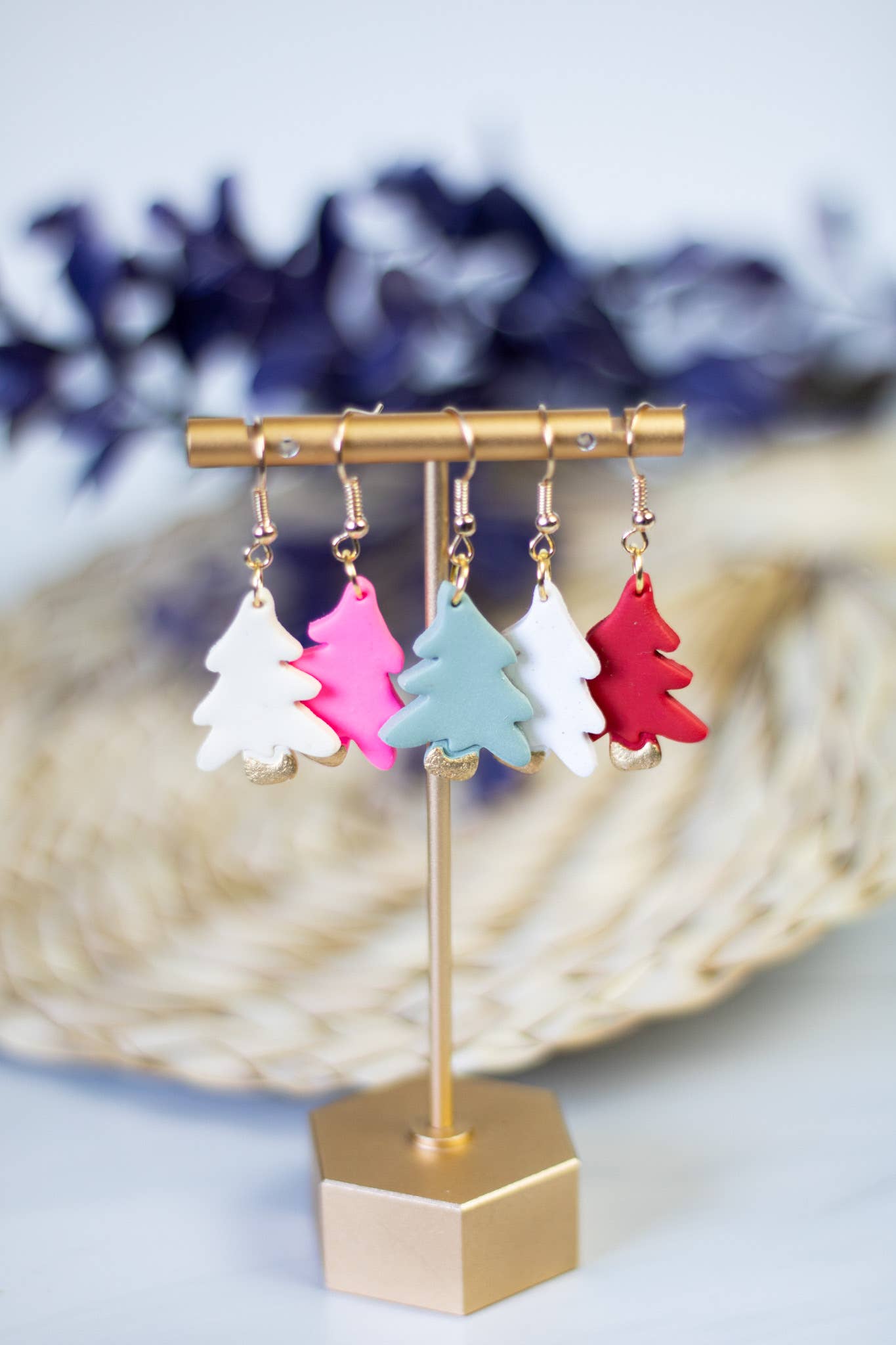 Gold Painted Tree Clay Dangle Earrings
