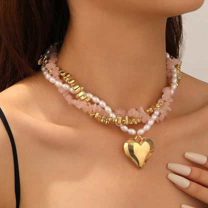 NATURAL STONE PEARL BEADED HEART NECKLACE