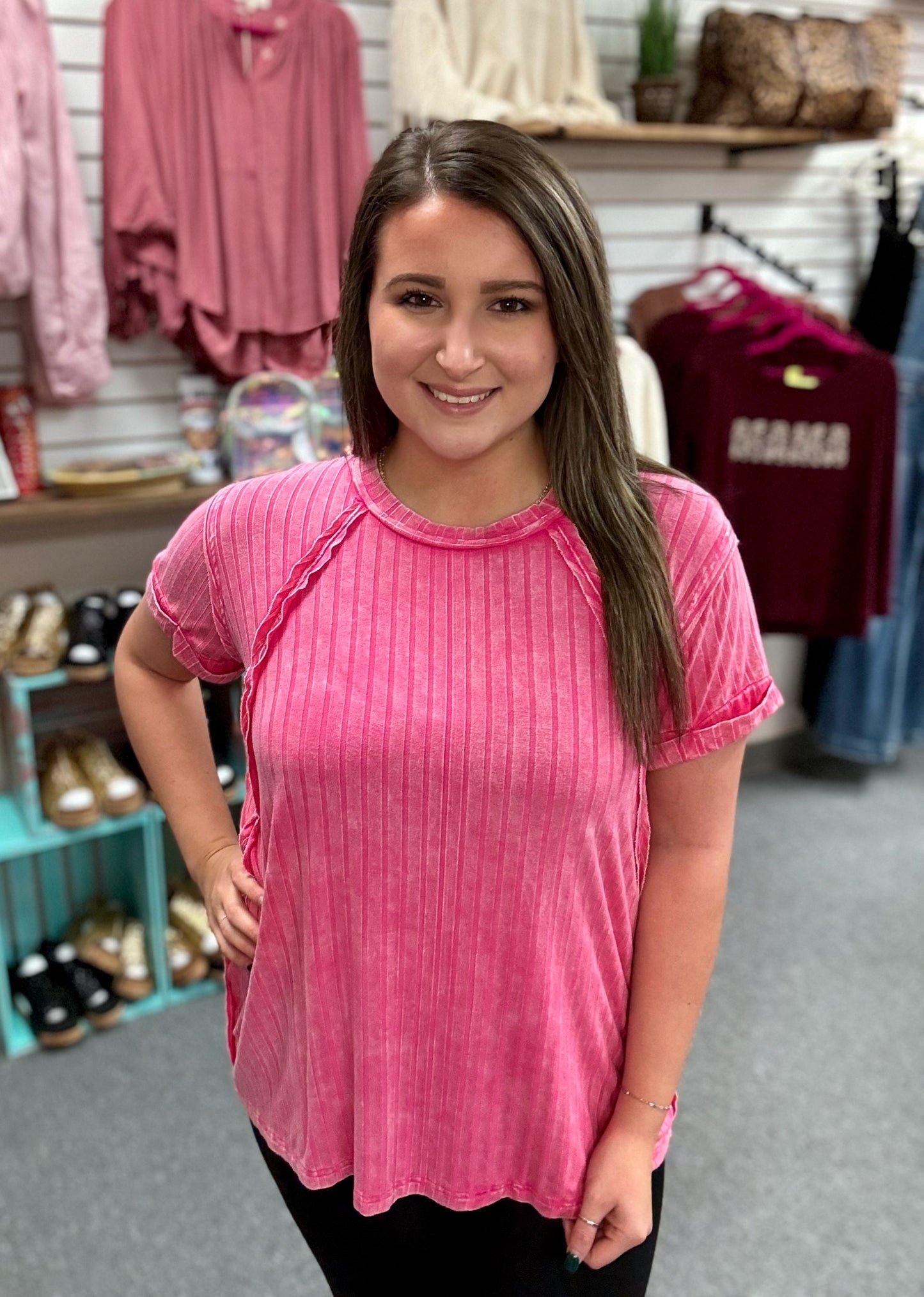 Pink Ribbed Raglan Top