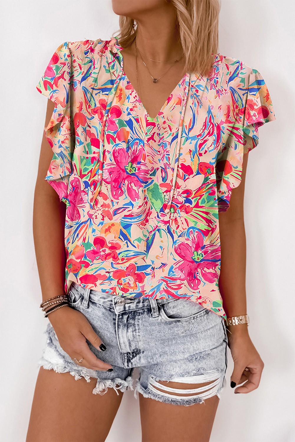 Floral Ruffle Sleeve V-Neck Top