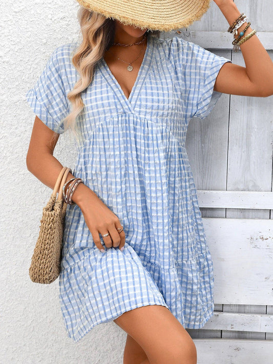 Gingham V Neck Short Sleeve Summer Dress with Ruffle Hem