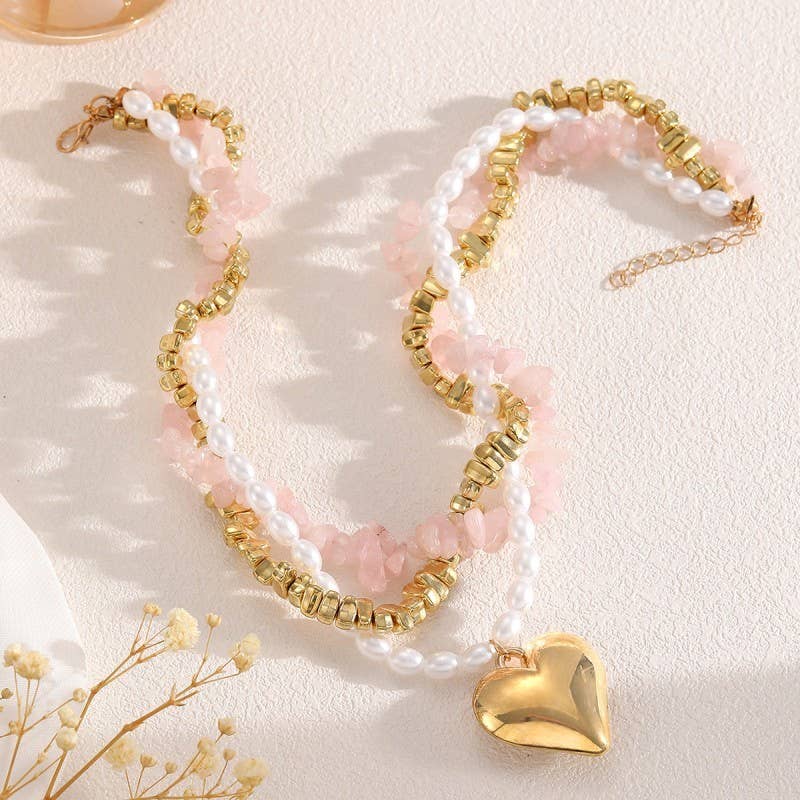 NATURAL STONE PEARL BEADED HEART NECKLACE