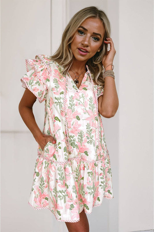 Pink Floral Contrast Edge Layered Short Sleeve Mini Dress