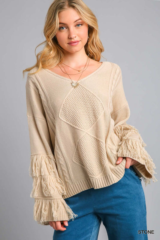V-Neck Cable Knit Sweater with Fringe Detail On Sleeve
