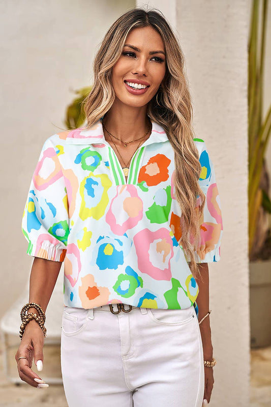 Leopard Casual Short Sleeve V Neck Blouse