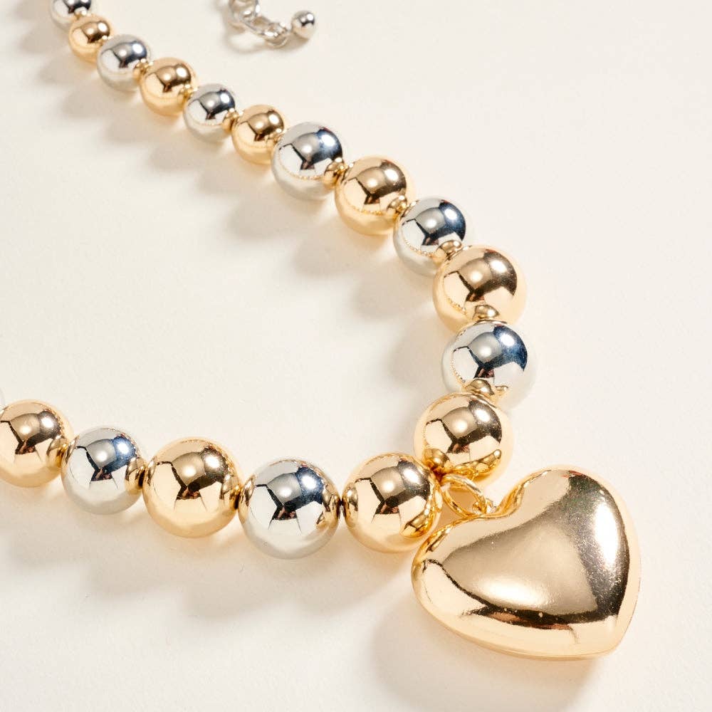 16 Inch Metal Puffy Heart CCB Bead Necklace
