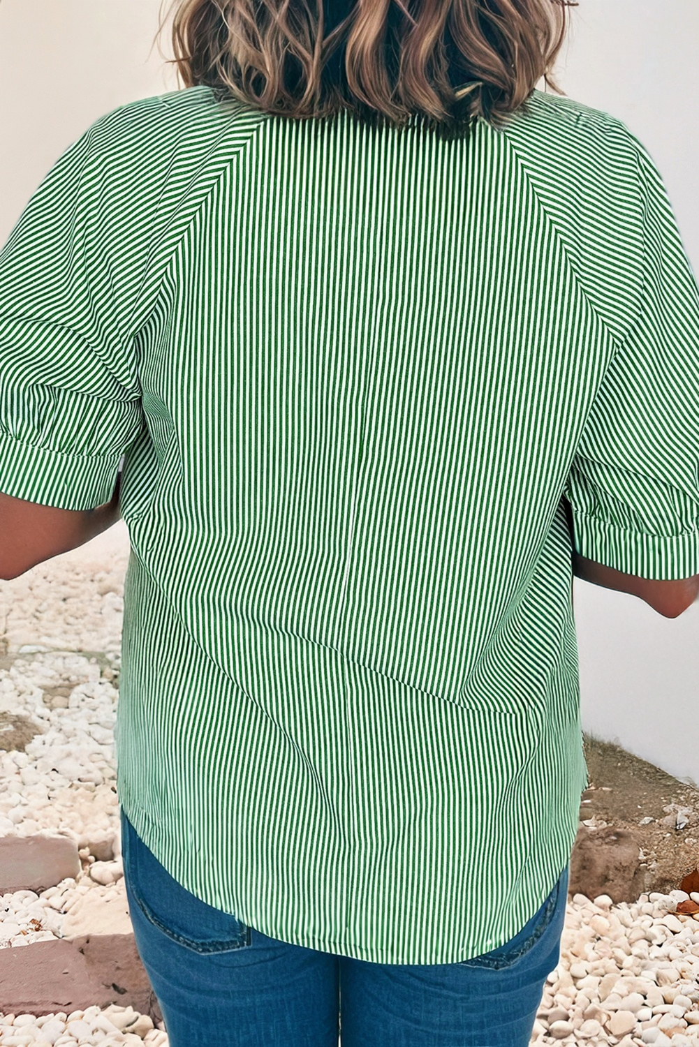 Striped Collared Split Neck Half Sleeve Blouse
