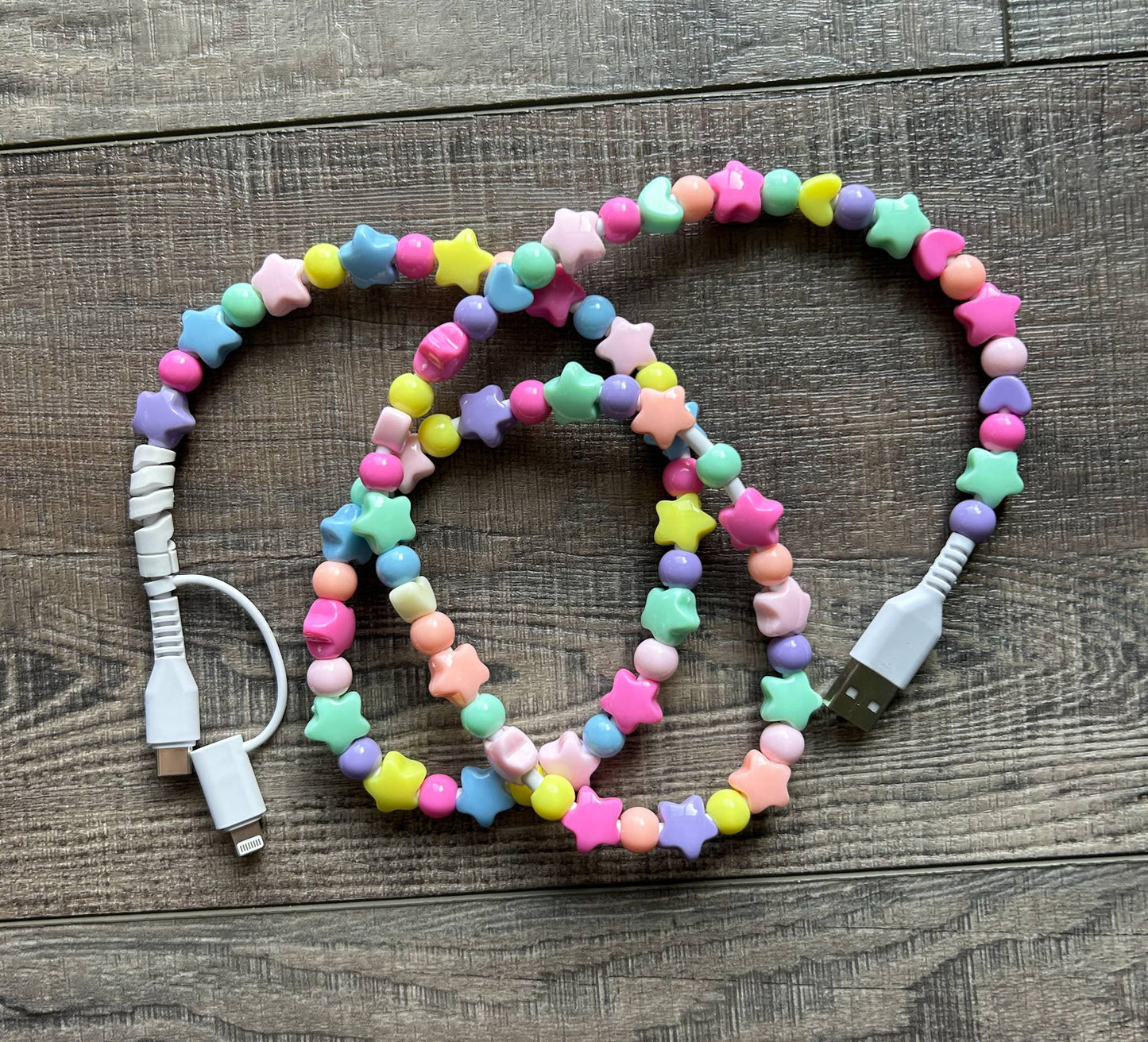 Stars Beaded Phone Charger with Lightning and USB-C Cable