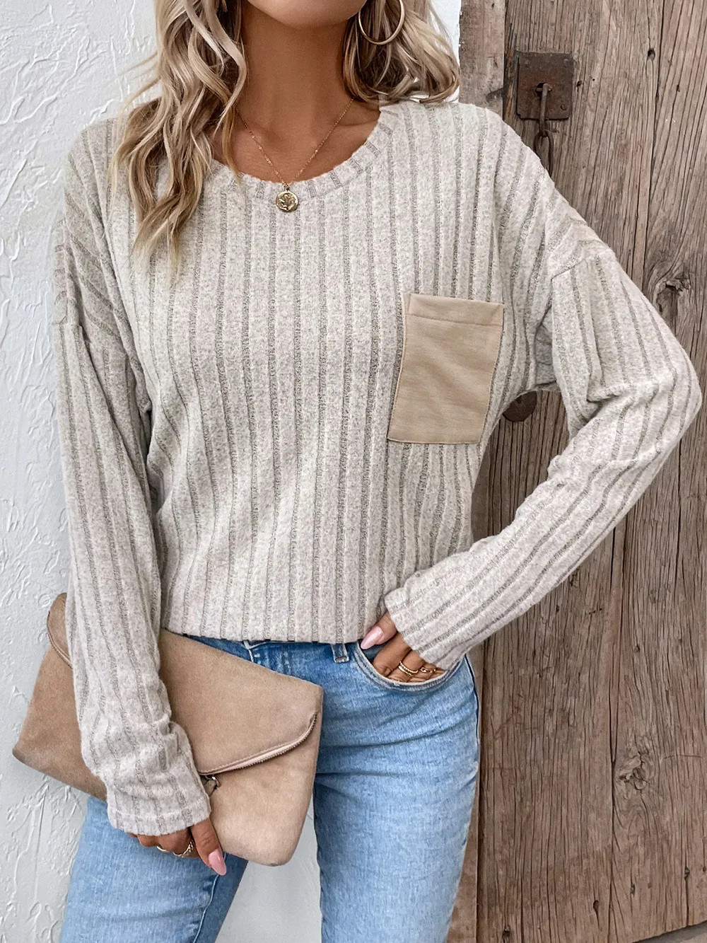 Beige Ribbed Pocket Top