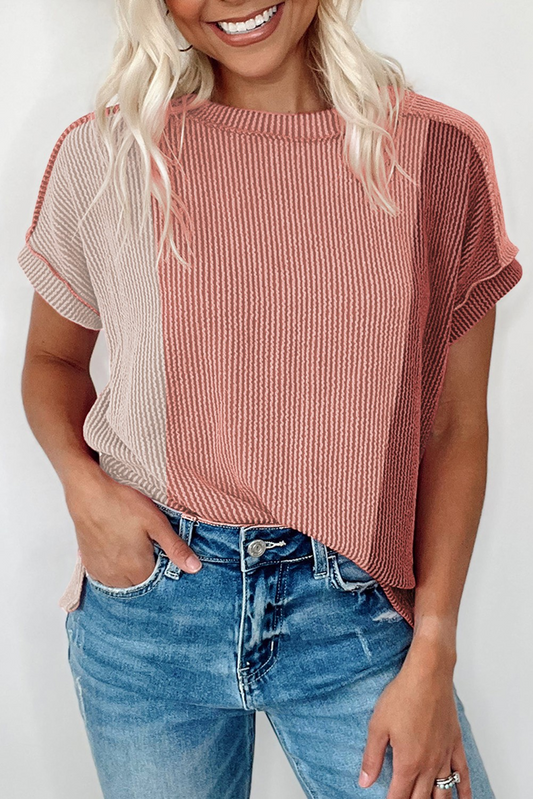 Apricot Pink Textured Colorblock Crew Neck Shirt