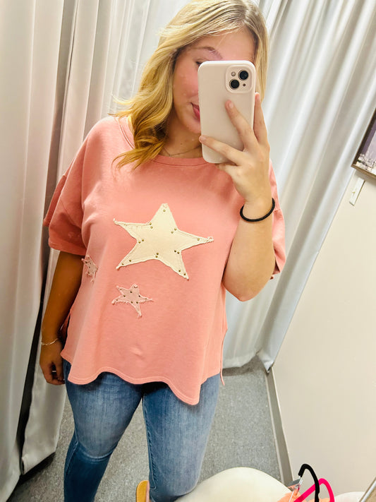 Short Sleeve Stars Design High-low Top