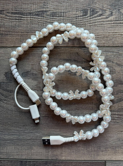 Bows Beaded Phone Charger with Lightning and USB-C Cable